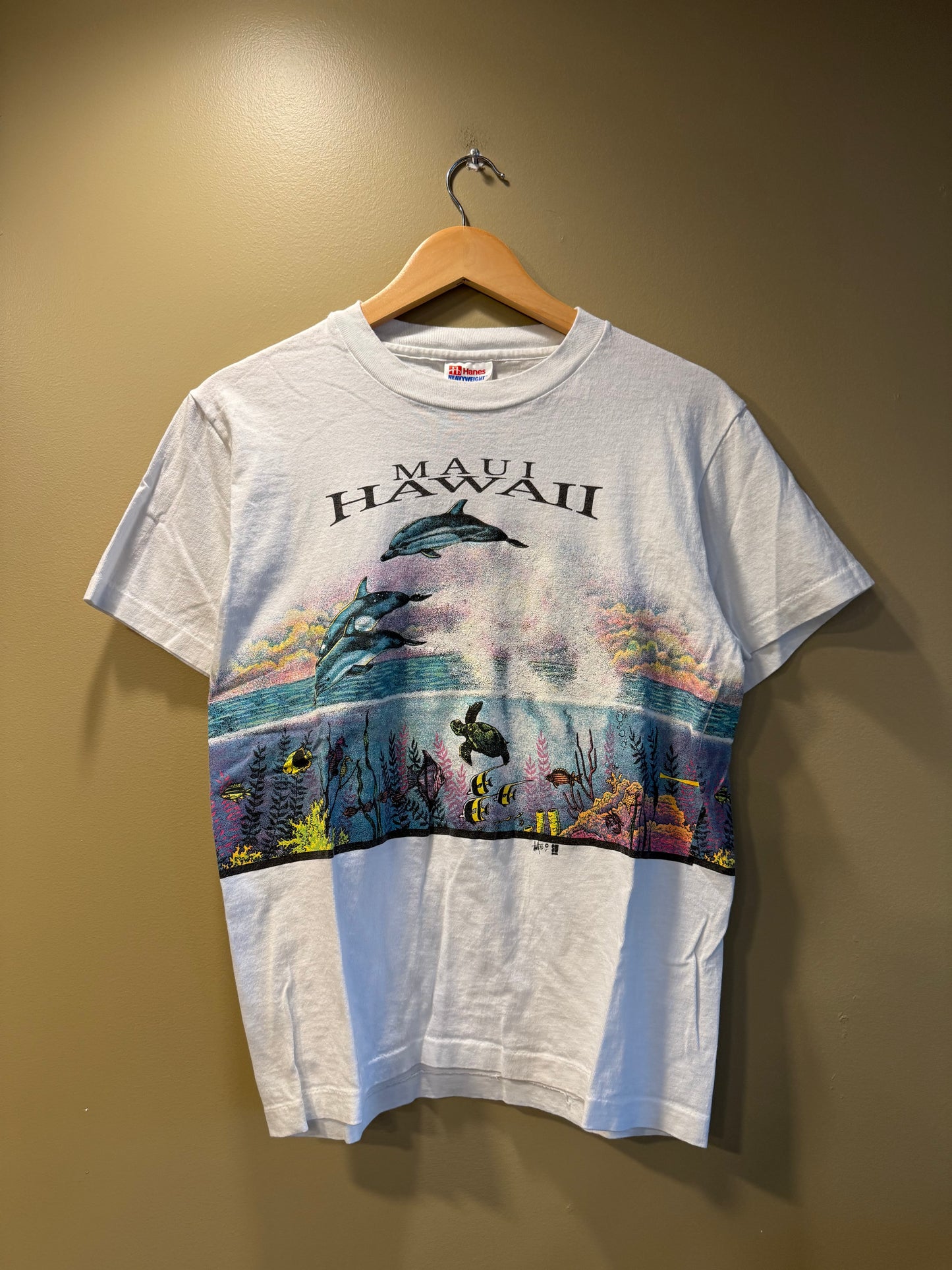 Vintage Maui Hawaii Nature All Over Print Dolphins T-Shirt- S