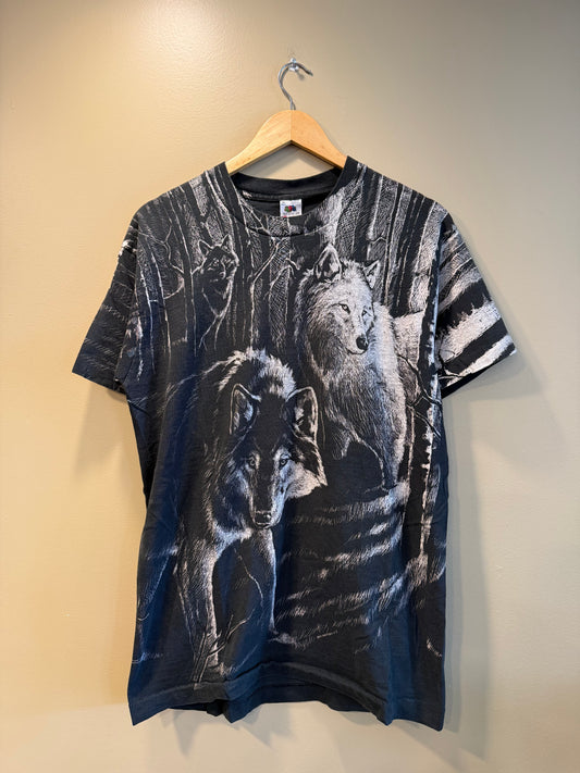 Vintage Wolves Black & White All Over Print Nature T-Shirt- M