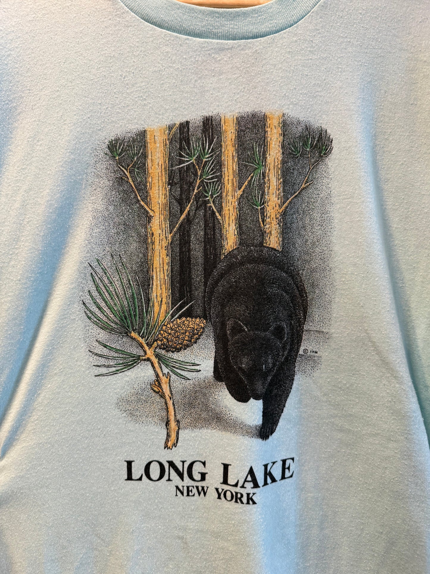 Vintage Black Bear Long Lake New York Blue T-Shirt- XL