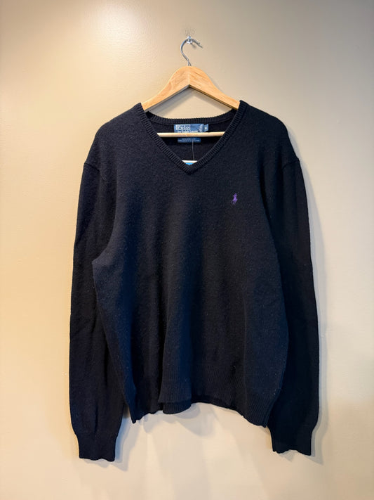 Vintage Polo Ralph Lauren Black Lambswool V-Neck Sweater - XL
