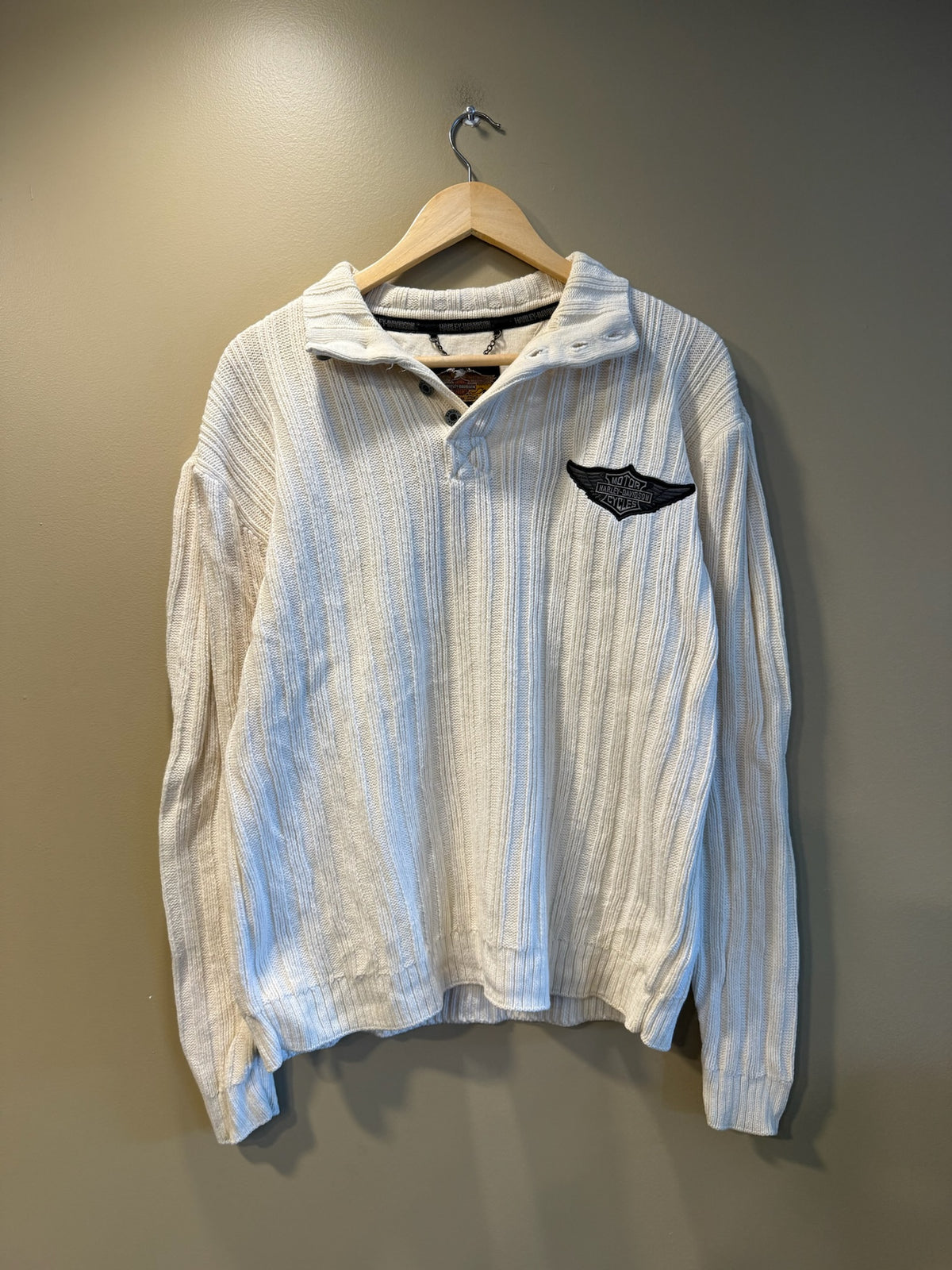 Vintage Harley Davidson Button Up White Knit Collared Sweater - M