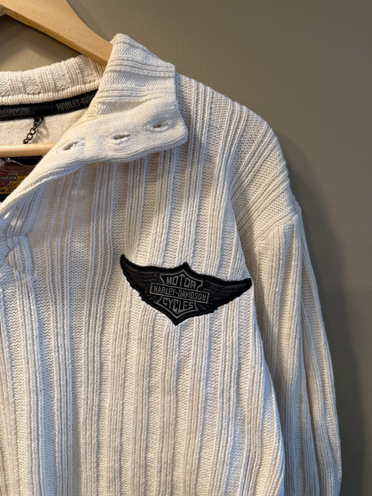 Vintage Harley Davidson Button Up White Knit Collared Sweater - M