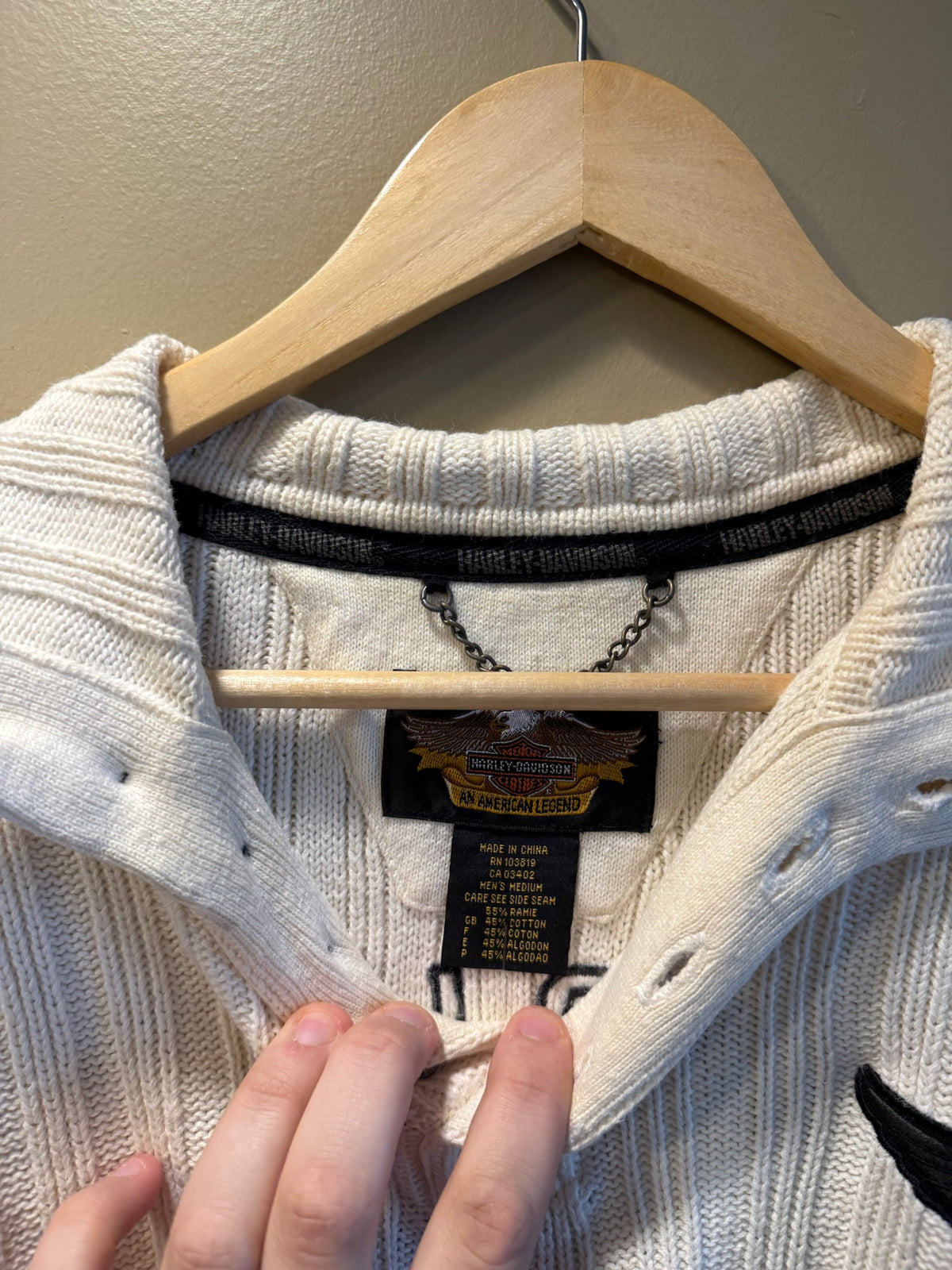 Vintage Harley Davidson Button Up White Knit Collared Sweater - M