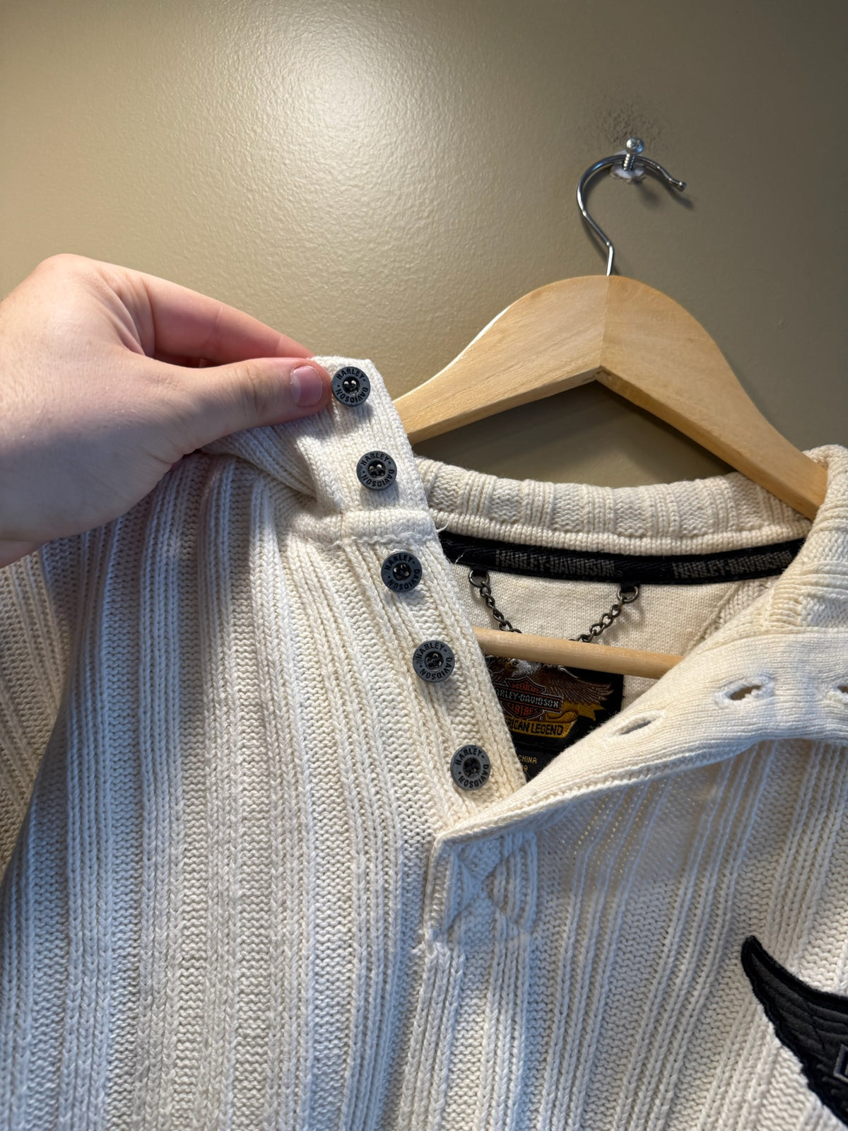 Vintage Harley Davidson Button Up White Knit Collared Sweater - M