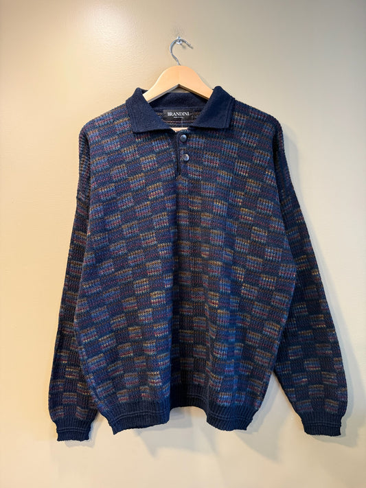 Vintage Brandini Navy Checkered Button Up Polo Sweater - XL