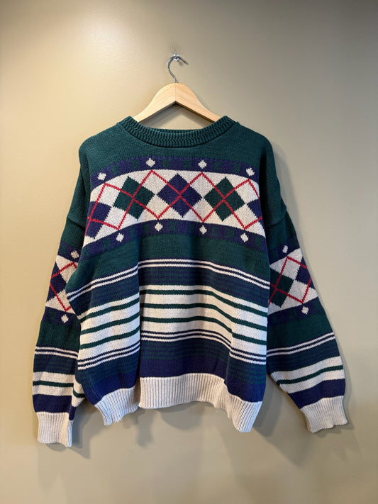 Vintage Boston Clipper Green White Red Pattern Sweater - XL