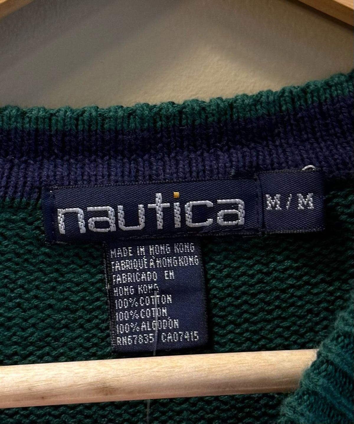 Vintage Nautica Green and White Sweater - M
