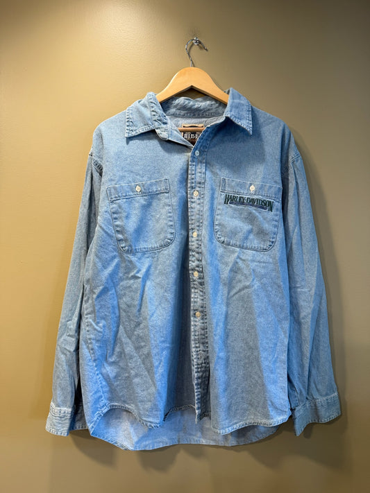 Vintage Harley Davidson Embroidered Jean Shirt Button Up - L