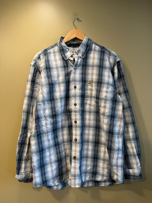 Vintage Carhartt White Black Maroon Plaid Button Up Flannel - L