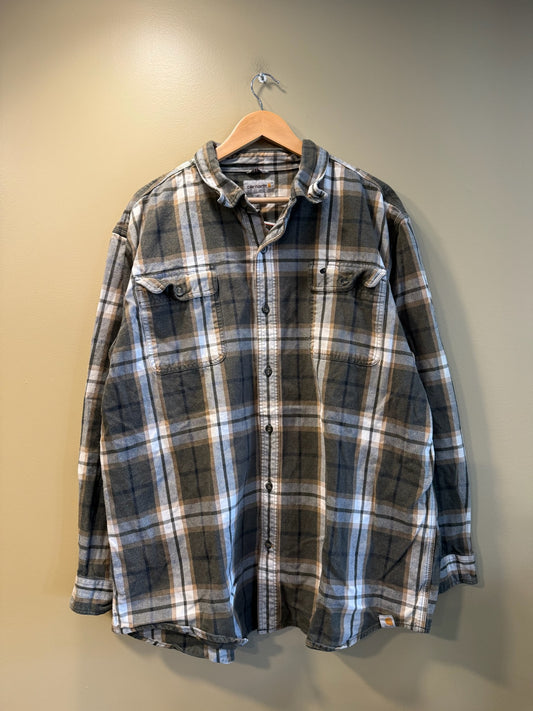 Vintage Carhartt Gray Yellow Plaid Button Up Flannel - XXL