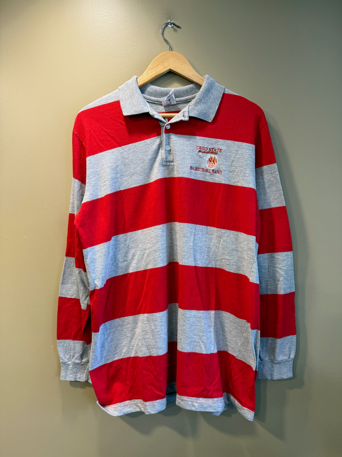 Vintage Ohio State Basketball Band Striped Polo Long Sleeve Shirt - M