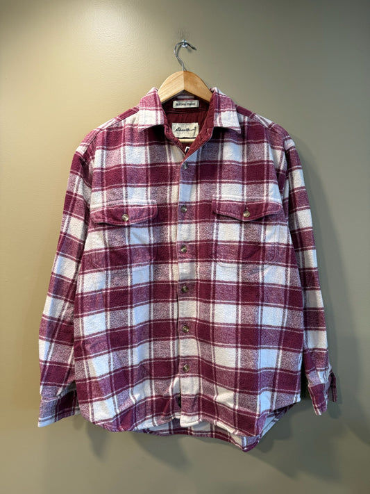 Vintage Eddie Bauer White and Maroon Button Up Flannel - L