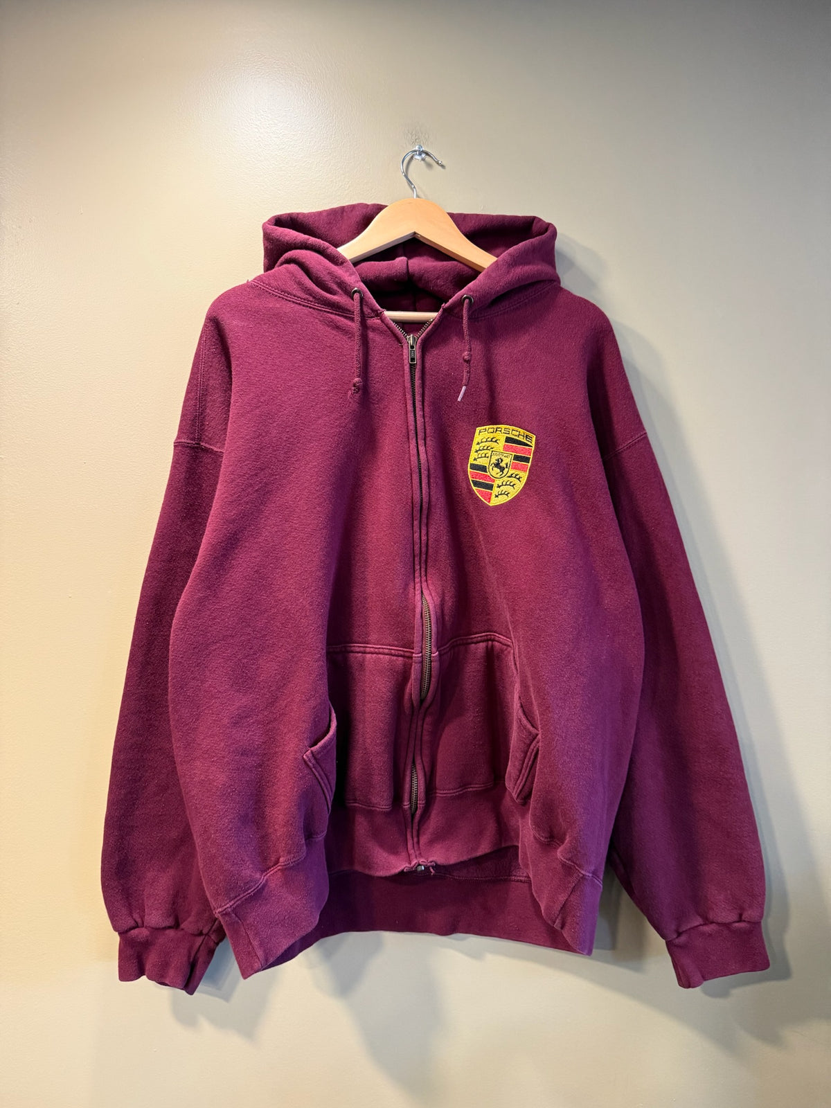 Vintage Porsche Badge Logo Maroon Red Zip-Up Hoodie Sweatshirt - XL