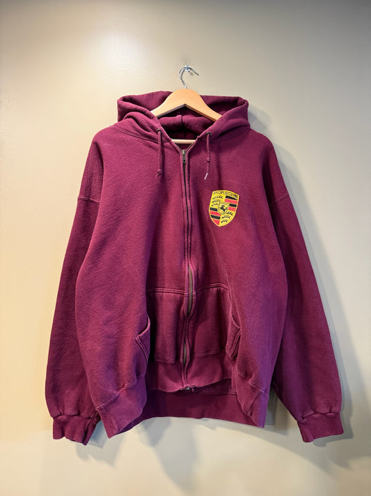 Vintage Porsche Badge Logo Maroon Red Zip-Up Hoodie Sweatshirt - XL
