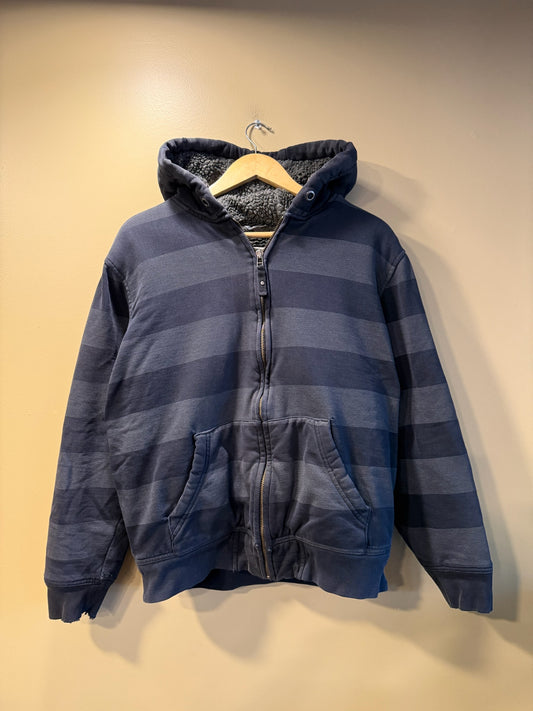 Vintage Sherpa-Lined Striped Hooded Zip Jacket Sweatshirt - M