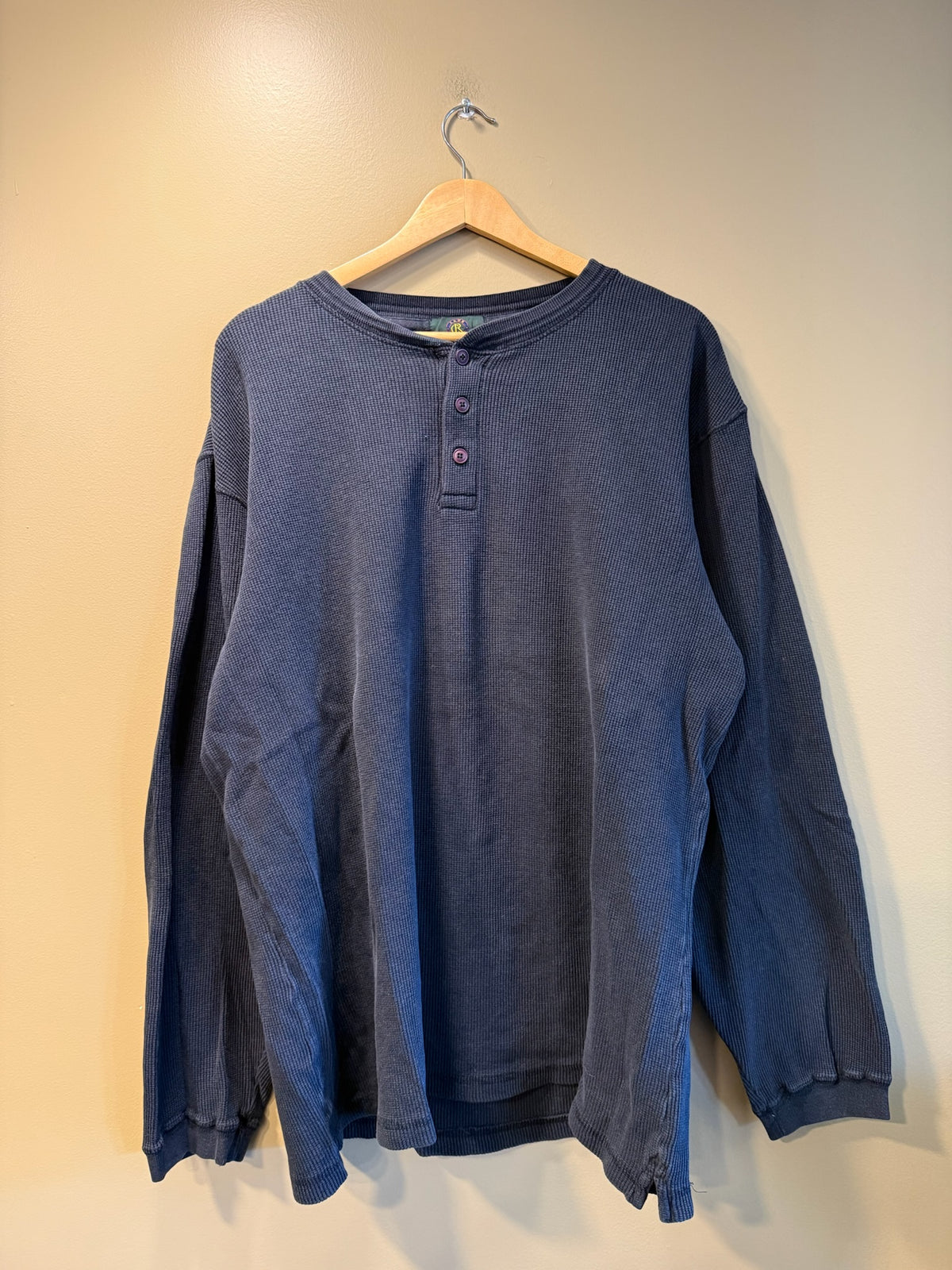 Vintage Navy Blue Waffle Long Sleeve Henley Shirt - XL